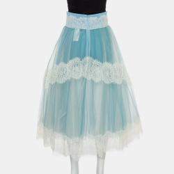 Pre Owned Elisabetta Franchi Blue Tulle & Lace Trim High Waist Sheer Midi Skirt M