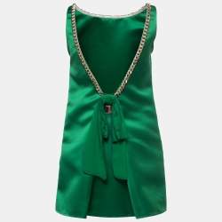 Pre Owned Elisabetta Franchi Green Dutchess Satin Chain Trim Sleeveless Mini Dress S