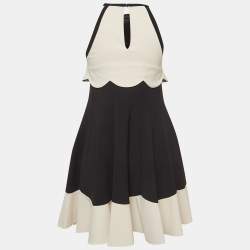 Pre Owned Elisabetta Franchi Black/Cream Crepe Halter Neck Flared Mini Dress S