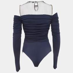 Pre Owned Elisabetta Franchi Navy Blue Embroidered Jersey Bodysuit M