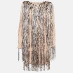 Pre Owned Elisabetta Franchi Beige Fringed Jersey Belted Midi Dress M