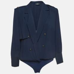 Elisabetta Franchi Navy Blue Crepe Draped Long Sleeve Bodysuit L