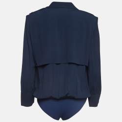 Elisabetta Franchi Navy Blue Crepe Draped Long Sleeve Bodysuit L