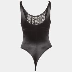Pre Owned Elisabetta Franchi Black Beaded Jersey Sem Sheer Bodysuit M