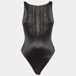 Pre Owned Elisabetta Franchi Black Beaded Jersey Sem Sheer Bodysuit M