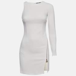 Elisabetta Franchi White Stretch Knit Asymmetric Sleeve Mini Dress S