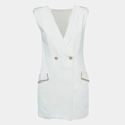 Pre Owned Elisabetta Franchi Off-White Crepe Collared Sleeveless Mini Dress S