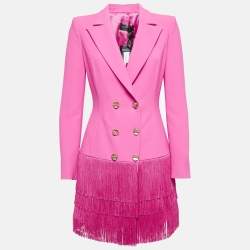 Elisabetta Franchi Pink Crepe Fringed Double Breasted Blazer L