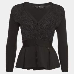 Elisabetta Franchi Black Lace and Knit Pleated Cardigan M