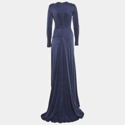 Pre Owned Elisabetta Franchi Blue Corduroy High-Low Flared Dress M