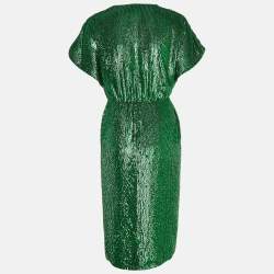 Pre Owned Elisabetta Franchi Green Sequin Crepe Midi Dress L
