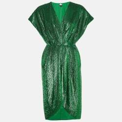 Pre Owned Elisabetta Franchi Green Sequin Crepe Midi Dress L