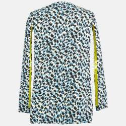 Pre Owned Elisabetta Franchi Blue Printed Jersey Cape Sleeve Open Front Jacket S