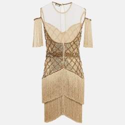 Pre Owned Elisabetta Franchi Gold Sequin Tulle Fringed Mini Dress L