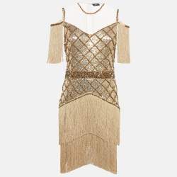 Pre Owned Elisabetta Franchi Gold Sequin Tulle Fringed Mini Dress L