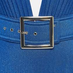 Pre Owned Elisabetta Franchi Blue Lurex Jersey Plunging Neck Plisse Maxi Dress S