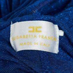 Pre Owned Elisabetta Franchi Blue Lurex Jersey Plunging Neck Plisse Maxi Dress S