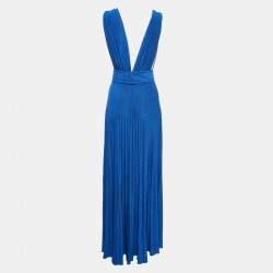 Pre Owned Elisabetta Franchi Blue Lurex Jersey Plunging Neck Plisse Maxi Dress S