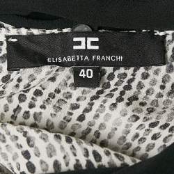Pre Owned Elisabetta Franchi Black/White Printed Silk Bow Neck Top S
