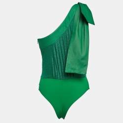 Elisabetta Franchi Green Lurex Knit One-Shoulder Bow Detail Bodysuit M