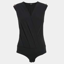Pre Owned Elisabetta Franchi Black Crepe Shoulder Detail V-Neck Bodysuit M