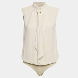 Pre Owned Elisabetta Franchi Cream Crepe Neck Bow Detail Bodysuit M