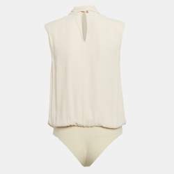 Pre Owned Elisabetta Franchi Cream Crepe Neck Bow Detail Bodysuit M