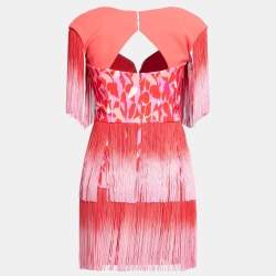 Pre Owned Elisabetta Franchi Red/Pink Printed Crepe and Fringe Mini Dress S