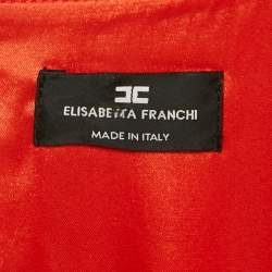 Pre Owned Elisabetta Franchi Red/Pink Printed Crepe and Fringe Mini Dress S