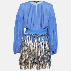 Pre Owned Elisabetta Franchi Blue Crepe Detachable Fringed Skirt Mini Dress M