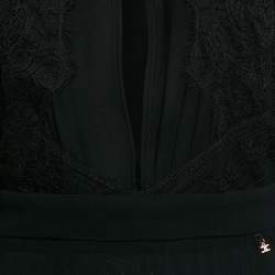 Pre Owned Elisabetta Franchi Black Lace Trim Crepe Plunging Neck Midi Dress M