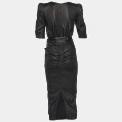 Pre Owned Elisabetta Franchi Black Coated Crepe Belted Midi Dress M