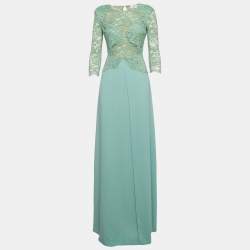 Pre Owned Elisabetta Franchi Mint Green Chiffon and Guipure Lace Bodice Maxi Dress M