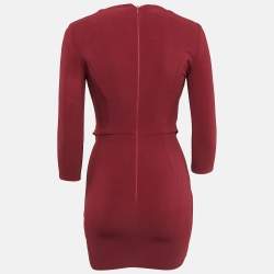 Pre Owned Elisabetta Franchi Burgundy Fringed Crepe Mini Dress S