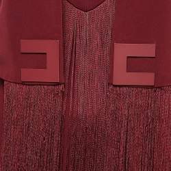 Pre Owned Elisabetta Franchi Burgundy Fringed Crepe Mini Dress S
