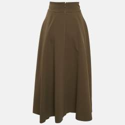 Pre Owned Elisabetta Franchi Olive Green Crepe Box Pleated Midi Skirt M