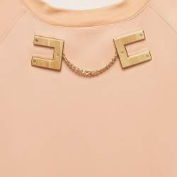 Pre Owned Elisabetta Franchi Light Orange Logo Plaque Tulle Trim Jersey Top S