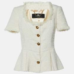 Elisabetta Franchi White Tweed Short Sleeve Peplum Jacket M