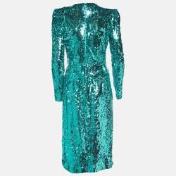 Pre Owned Elisabetta Franchi Blue Sequin Tulle Draped Midi Dress L