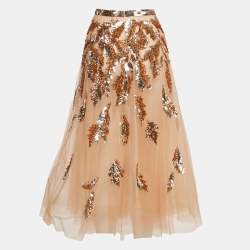 Pre Owned Elisabetta Franchi Beige Sequin Embellished Tulle Midi Skirt M
