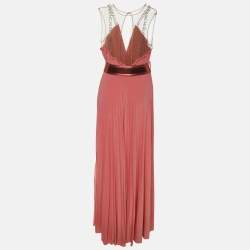 Pre Owned Elisabetta Franchi Coral Pink Knitted Fabric Belted Maxi Dress M