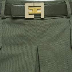 Pre Owned Elisabetta Franchi Green Gabardine Logo Plaque Belted Mini Skirt M