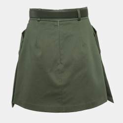 Pre Owned Elisabetta Franchi Green Gabardine Logo Plaque Belted Mini Skirt M