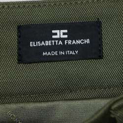 Pre Owned Elisabetta Franchi Green Gabardine Logo Plaque Belted Mini Skirt M