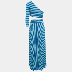 Pre Owned Elisabetta Franchi Blue Stripe Lurex Knit Cut-Out Maxi Dress XS