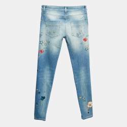 Pre Owned Elisabetta Franchi Doddle Art Print Denim Skin Fit Jeans S Waist 27"