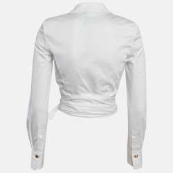 Pre Owned Elisabetta Franchi White Poplin Sash Belt Double Breasted Blouse S