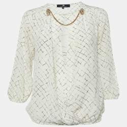Elisabetta Franchi White Checks Print Silk Brooches Detail Top M