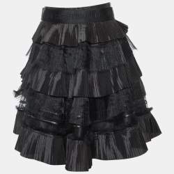 Pre Owned Elisabetta Franchi Black Pleated Crepe Belted Mini Skirt M