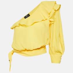 Elisabetta Franchi Yellow Crepe One-Shoulder Ruffled Blouse M